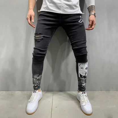 Men's Black Ripped Stretch Stiletto Jeans