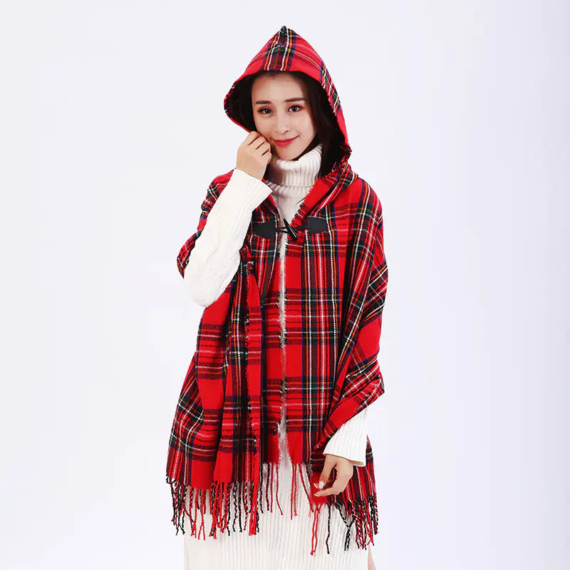 Chic Plaid Travel Cape with Horn Buttons