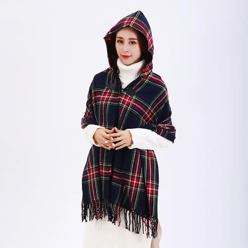 Chic Plaid Travel Cape with Horn Buttons