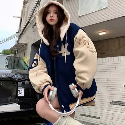 Women's Retro Embroidered Hooded Baseball Jacket