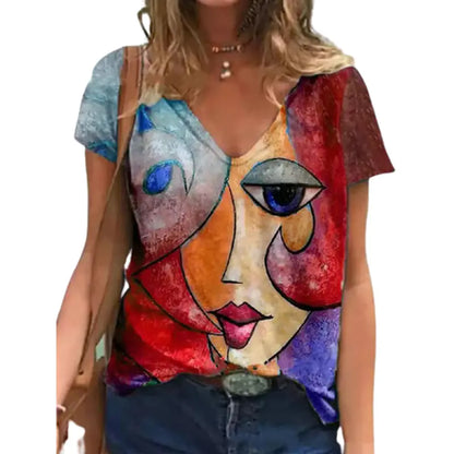 Women's Abstract Figure Print V-Neck T-Shirt