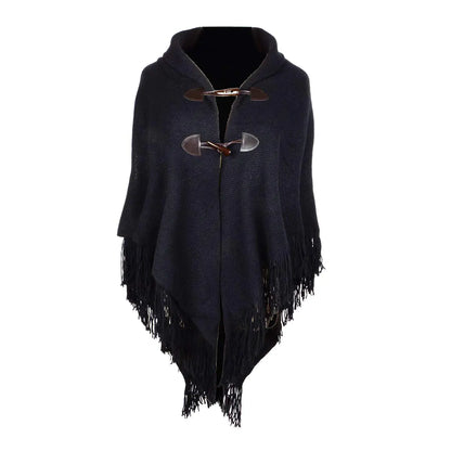Iristide Womens  Stylish Trumpet Poncho With Double Tassel Black