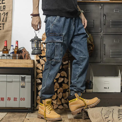 Men's Loose-Fit Harem Denim Cargo Pants with Pockets