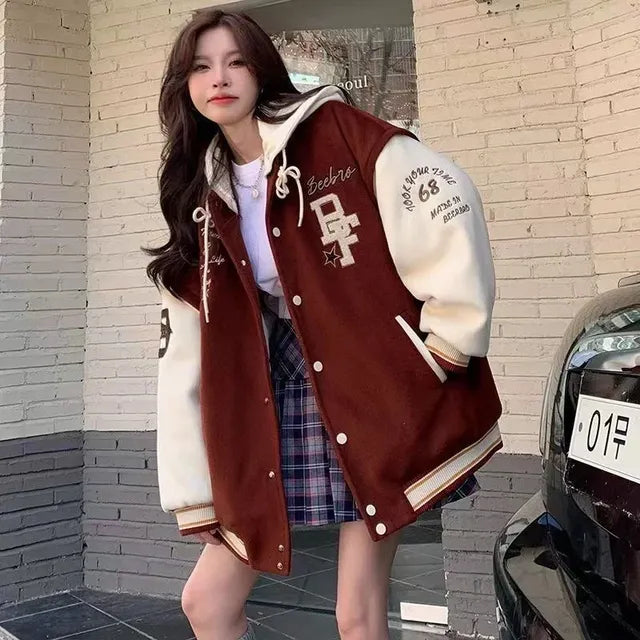 Women's Retro Embroidered Hooded Baseball Jacket