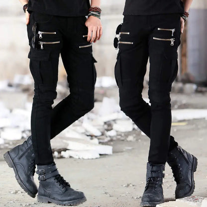 Men's Black Motorcycle Jeans with Folded Design