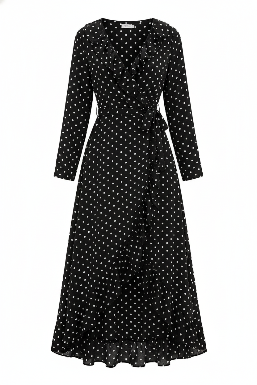 Black Polka Dot Long Sleeve Ruffled Dress