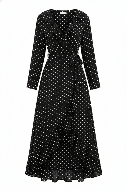 Black Polka Dot Long Sleeve Ruffled Dress