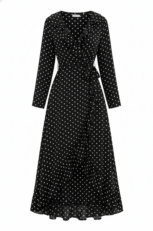 Black Polka Dot Long Sleeve Ruffled Dress