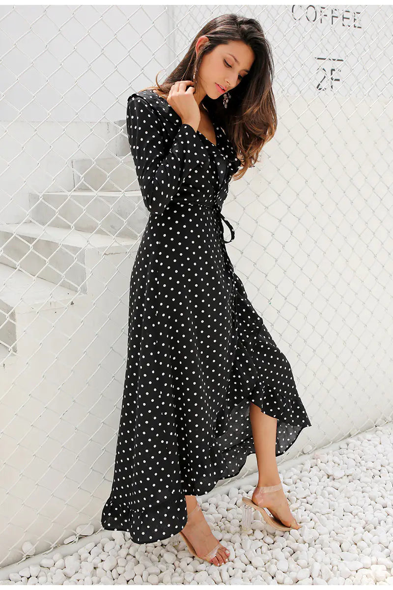 Black Polka Dot Long Sleeve Ruffled Dress