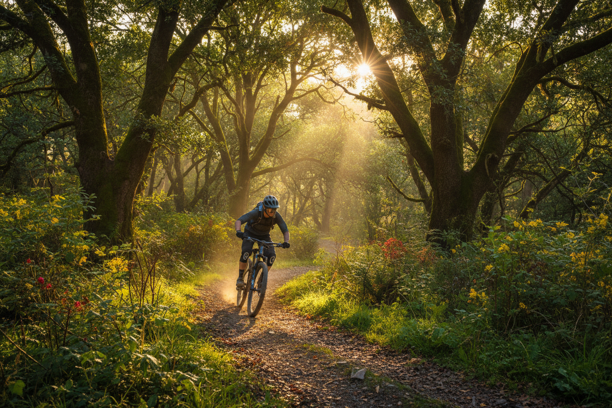 mountain ride riding through the forest during a beautiful sunny day