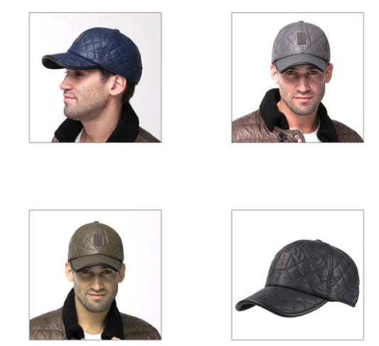 Men's Winter Glossy Leather Baseball Cap with Ear Flaps