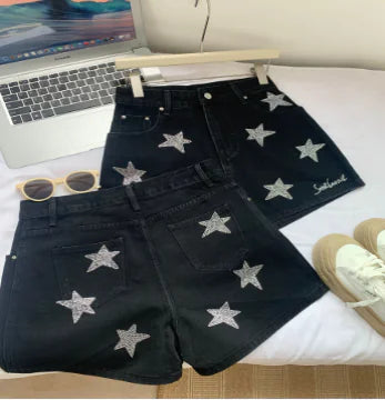 Women's Light Luxury Silver Black Rhinestone Shorts