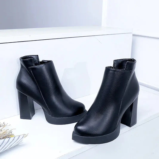 Black Ankle High Heeled Chunky Martin Boots