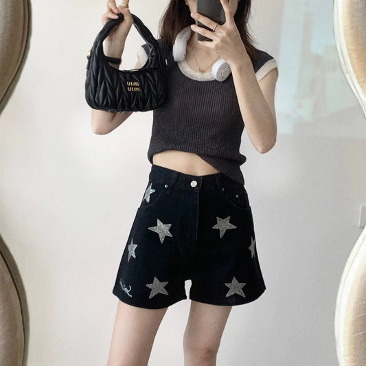 Women's Light Luxury Silver Black Rhinestone Shorts