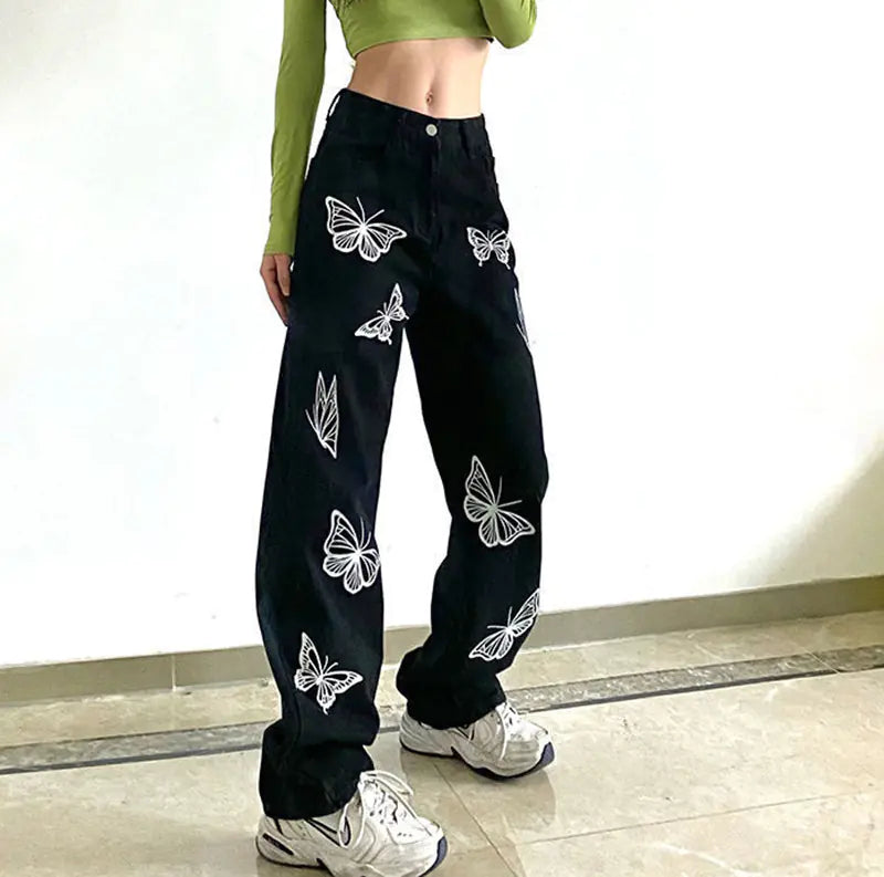Women's Retro Butterfly Print Jeans - Loose Fit Summer Style