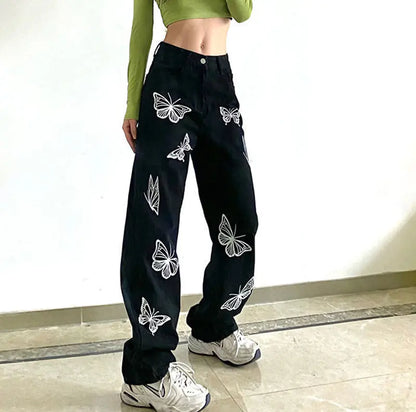 Women's Retro Butterfly Print Jeans - Loose Fit Summer Style