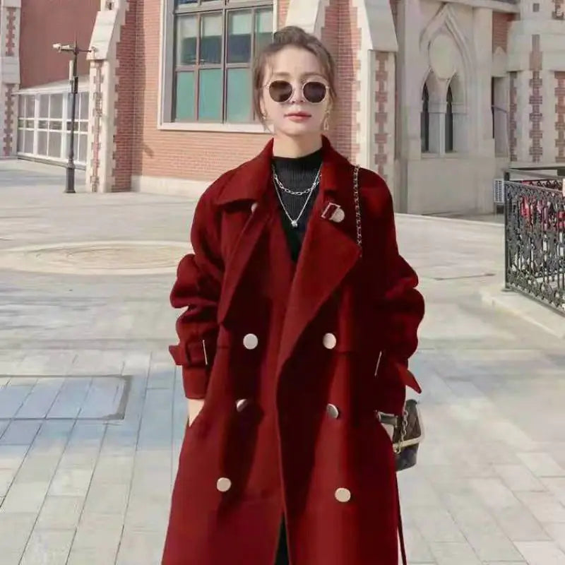 Mid-Length Women's Black Woolen Coat