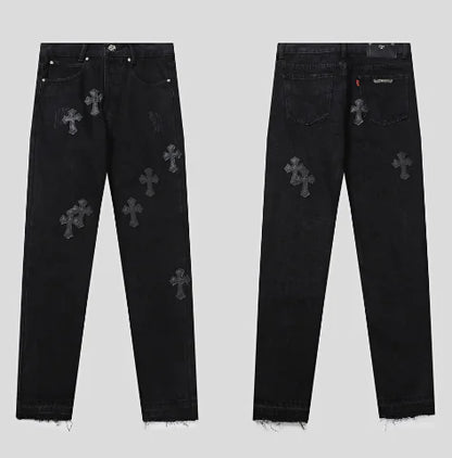 Retro Black Jeans with Cross Hot Rhinestones