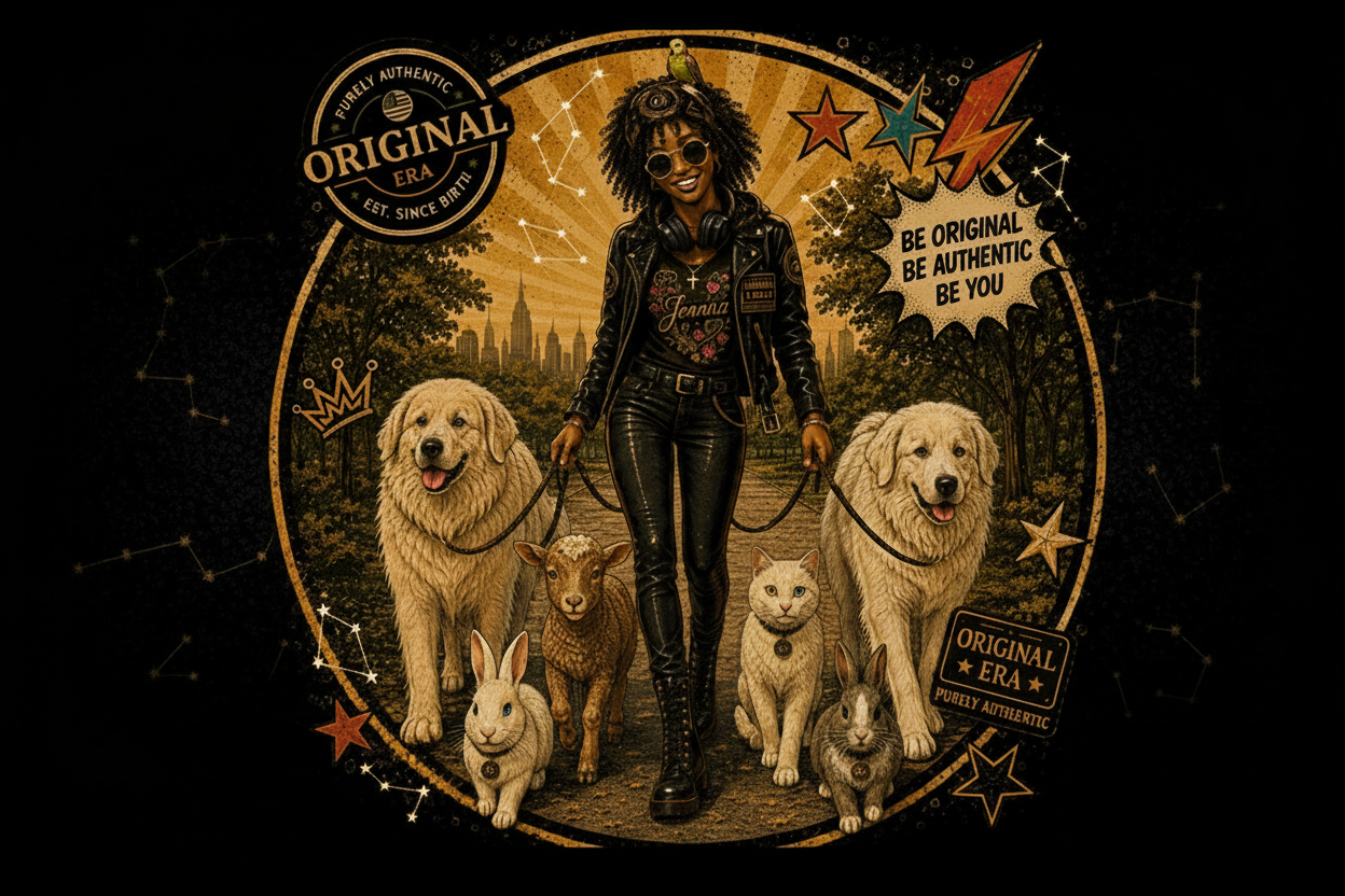 A circular vintage-style illustration on a black background featuring a woman in a leather jacket and boots walking with several dogs, a lamb, and two rabbits. Decorative stars, constellations, and text elements surround the scene, including 'Original Era' branding.
