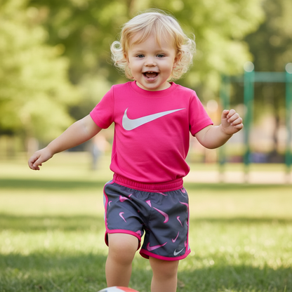 Nike Little Girls Dri-Fit Swoosh Print Tee & Shorts Set Grey/Pink 2T