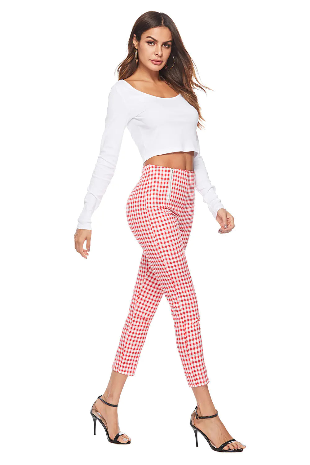 Black and White Plaid Zipper Slim Pants