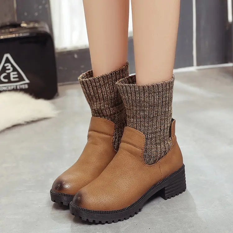 Wool Knit Short Boots with Chunky Heels and Thick Sole