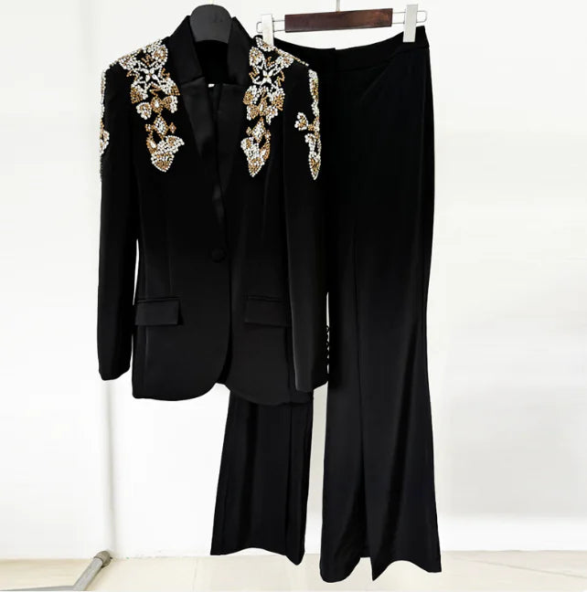 Chic Rhinestone Beaded Blazer & Trousers Set