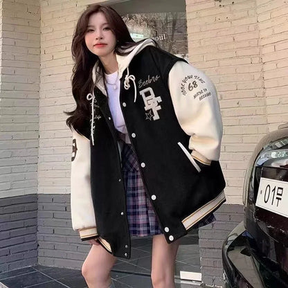 Women's Retro Embroidered Hooded Baseball Jacket