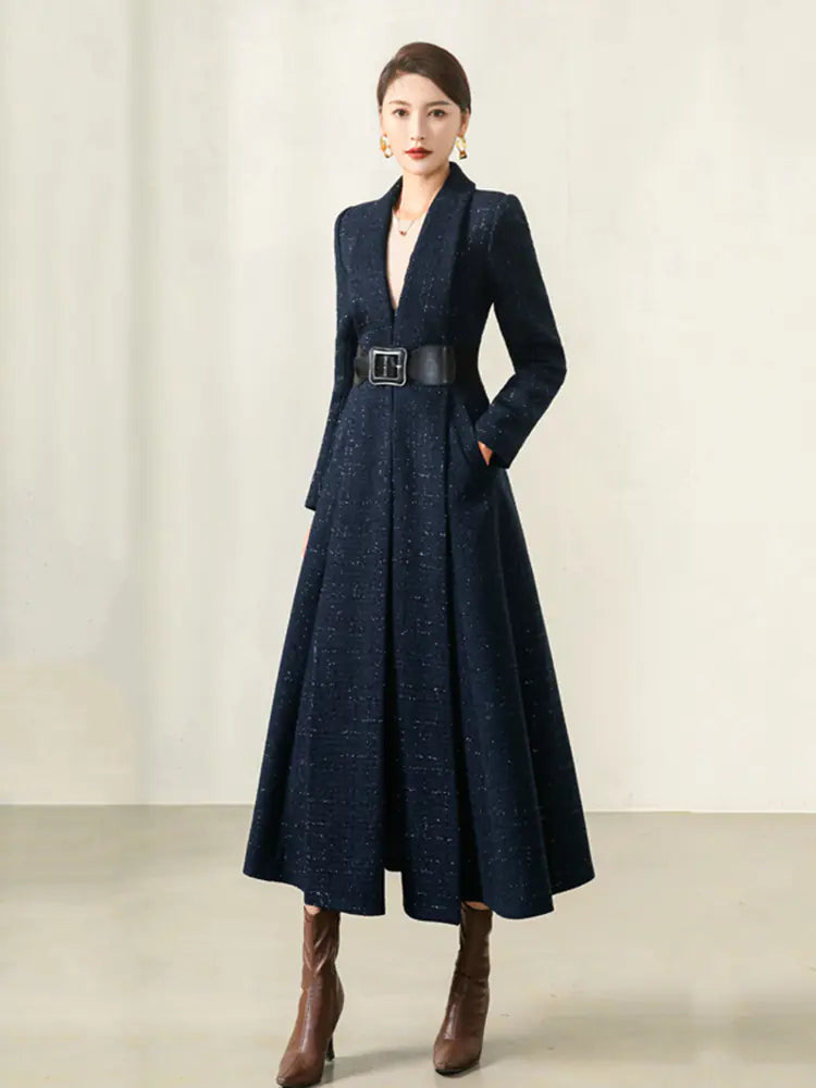Women's Autumn Blue Plaid Wool Coat with Collar