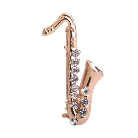 Saxophone-Shaped Brooch with Colorful Rhinestones