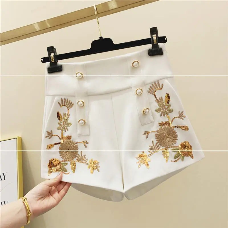 Retro Double-Breasted Wide-Leg Sequined Shorts for Women