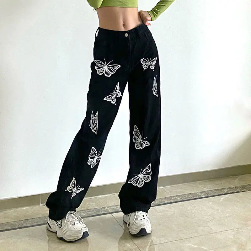 Women's Retro Butterfly Print Jeans - Loose Fit Summer Style