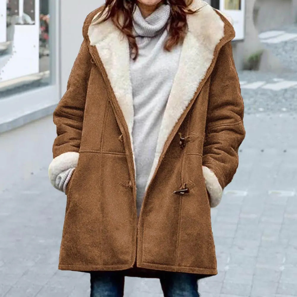 Chic Fuzzy Hooded Jacket with Horn Buttons