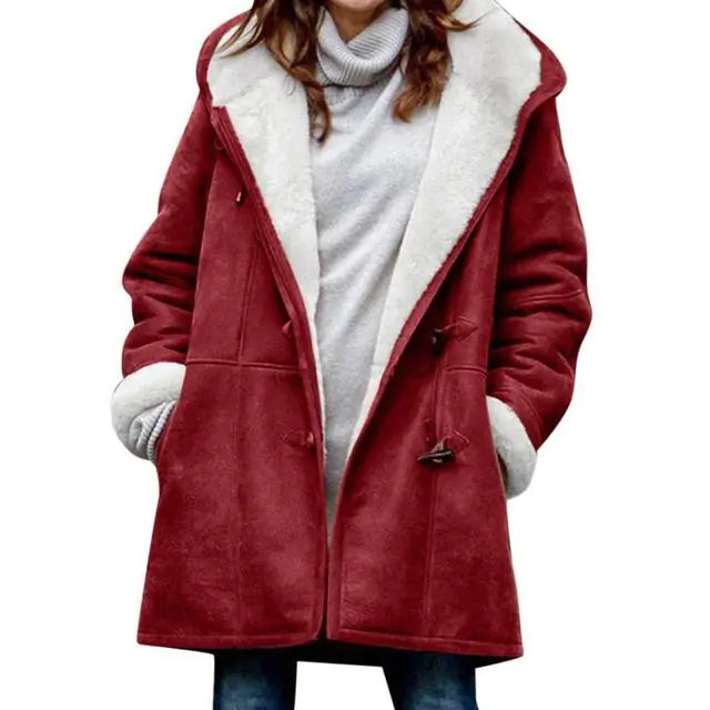 Chic Fuzzy Hooded Jacket with Horn Buttons