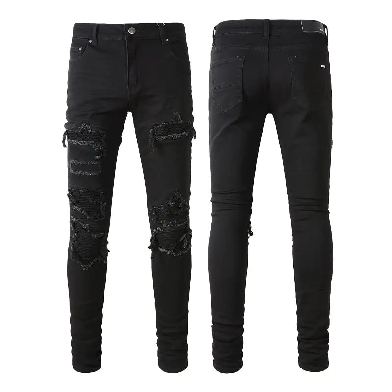 Men's Black Patch Pleated Jeans