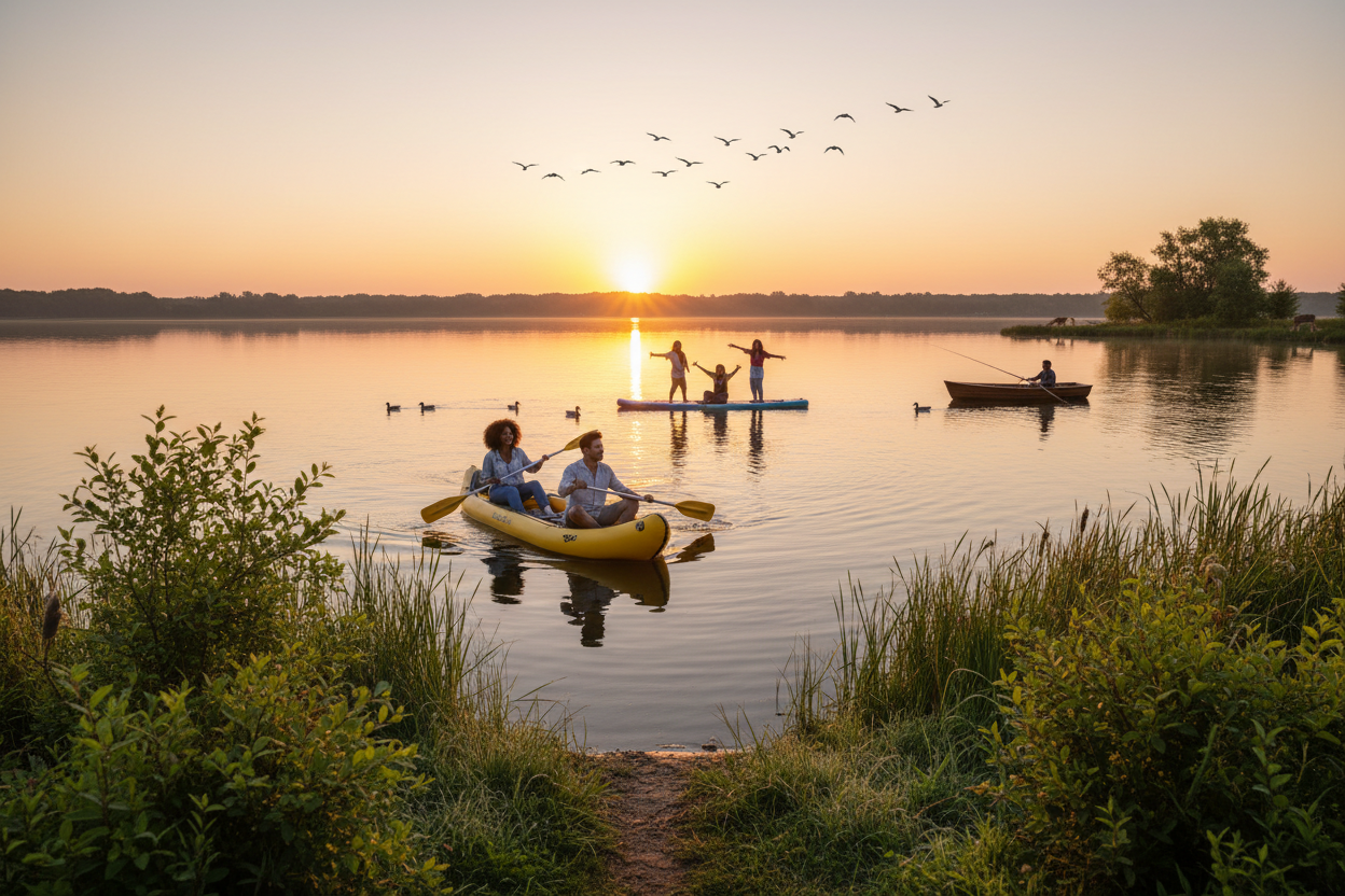 show a couple and a group of friends from various backgrouds, canoeing on an inflatable canoe, and on a paddle board, and fishing during a sunrise, in a beautiful scenery with birds, and other animals, and the view from the shore, facing the lake the the sunrise, and the people are facing all different directions