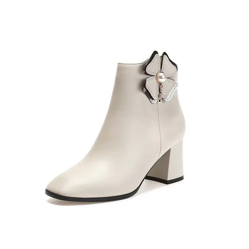 Women's Leather Ankle Boots with Square Toe and Chunky Heel