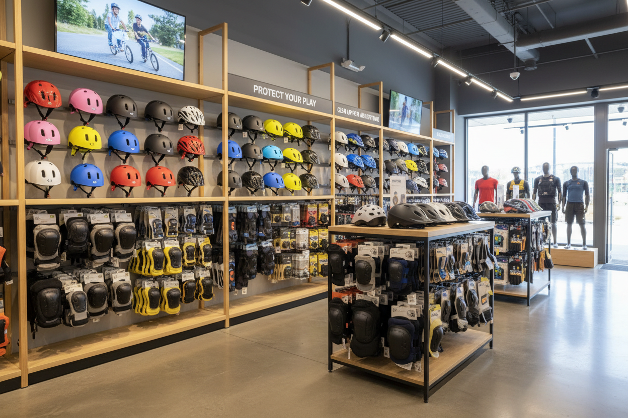 STORE OF A VARIETY OF HELMET AND SKATE AND BIKE PROTECTIVE WEAR