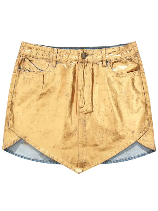 Gold Painted Low Waist Denim Skirt