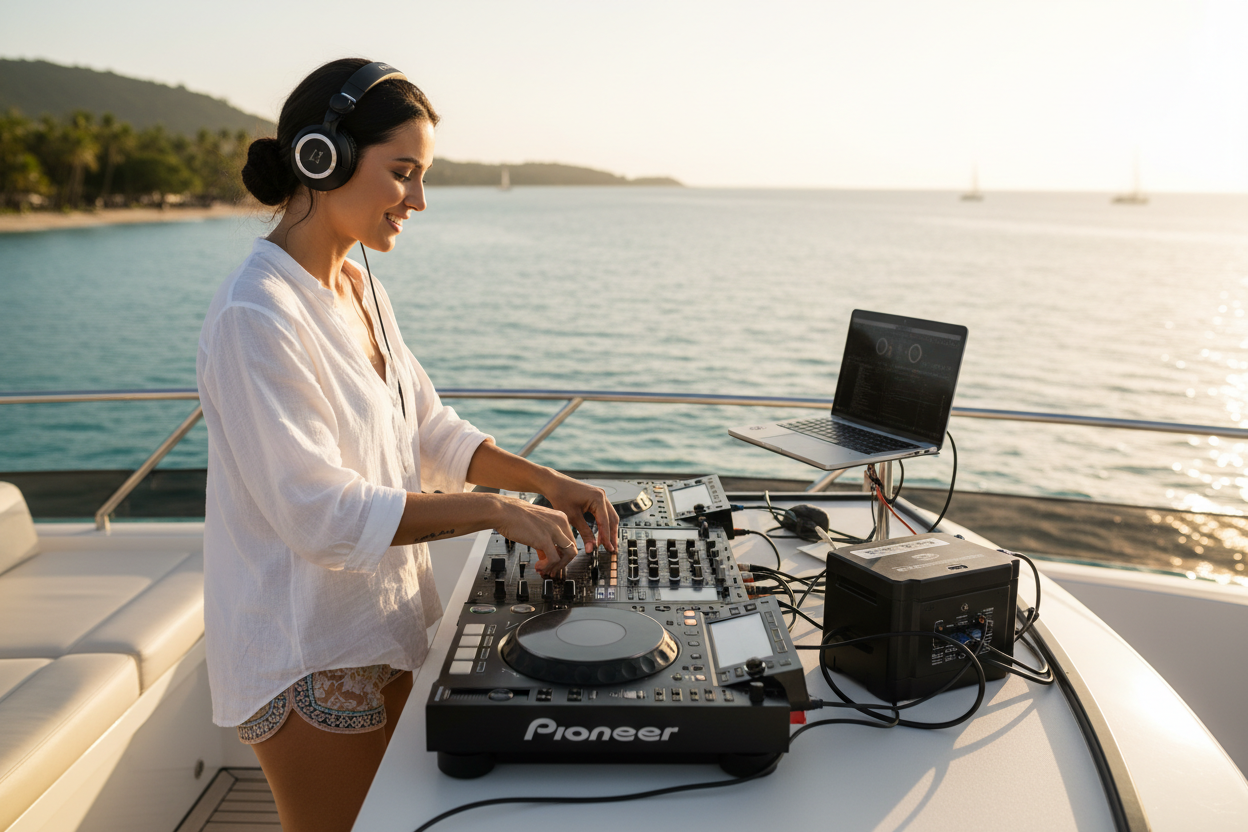 the woman playing music on the dj controllers, on a boat, with the sun shining on her