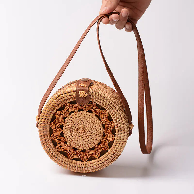 Handmade Rattan Hollow Star Bag with PU Leather Strap