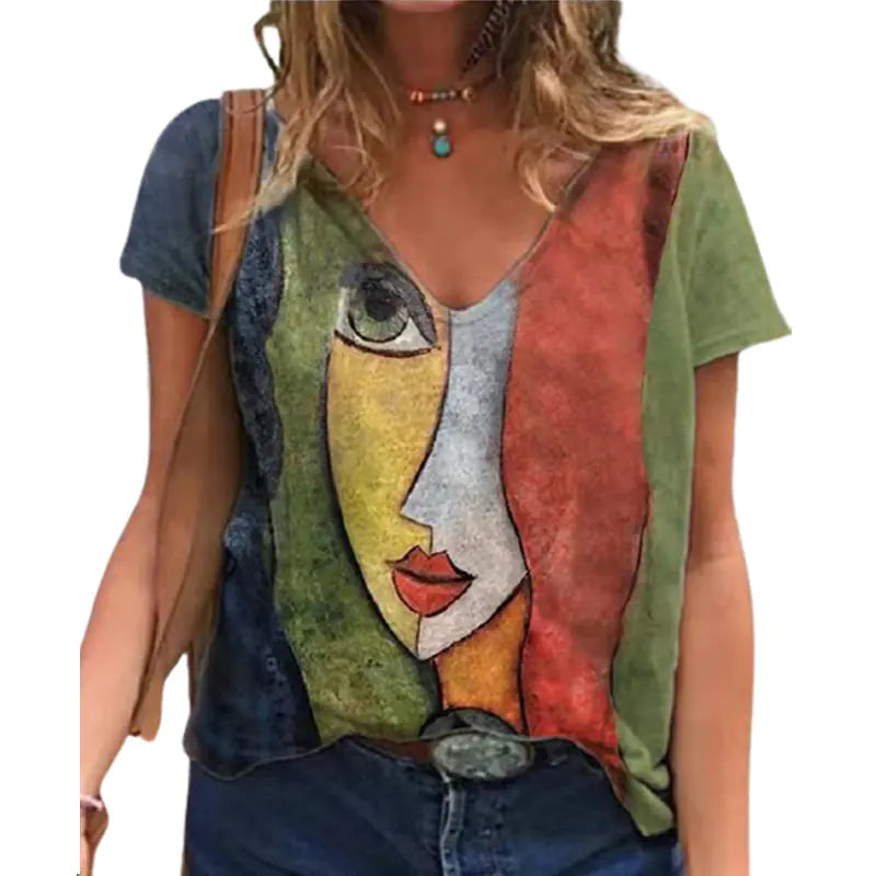 Women's Abstract Figure Print V-Neck T-Shirt