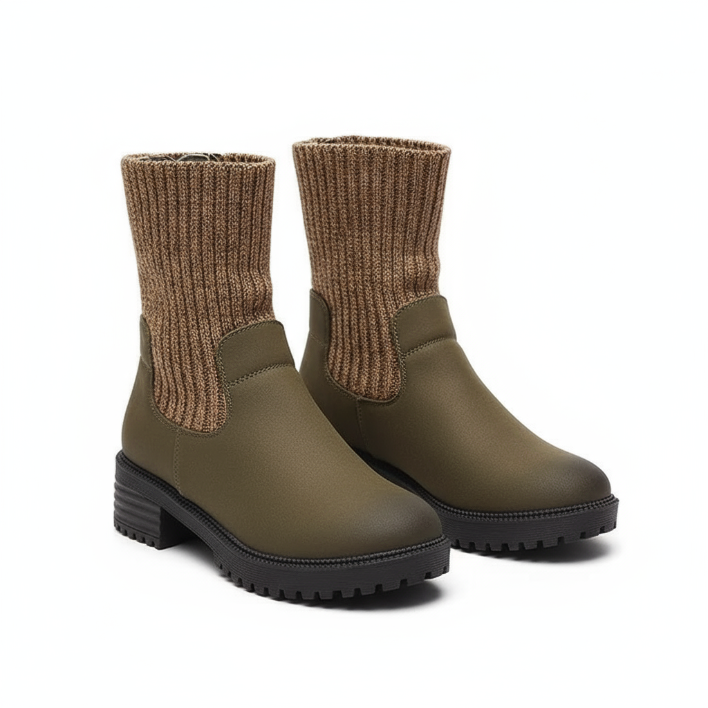 Wool Knit Short Boots with Chunky Heels and Thick Sole