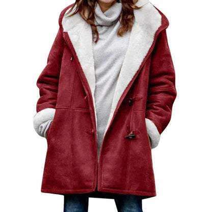 Chic Fuzzy Hooded Jacket with Horn Buttons