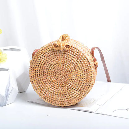Handmade Rattan Hollow Star Bag with PU Leather Strap