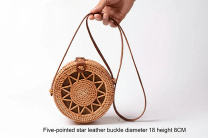 Handmade Rattan Hollow Star Bag with PU Leather Strap