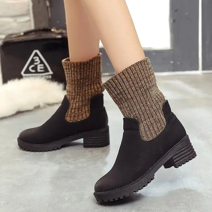 Wool Knit Short Boots with Chunky Heels and Thick Sole