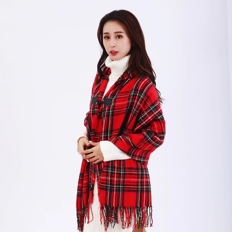 Chic Plaid Travel Cape with Horn Buttons