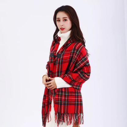 Chic Plaid Travel Cape with Horn Buttons
