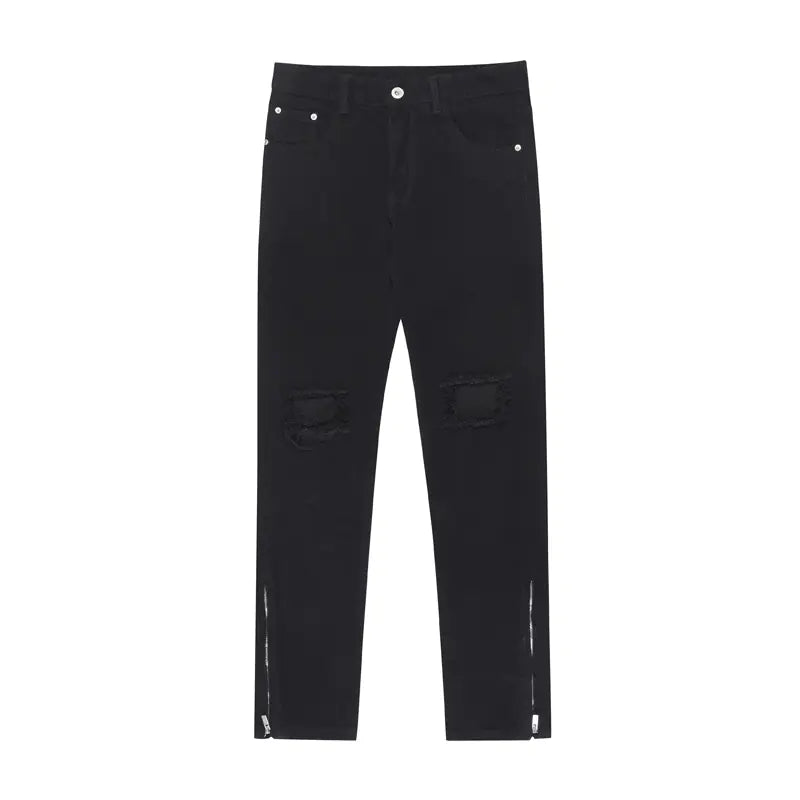 High Street Zipper Flared Ripped Black Jeans